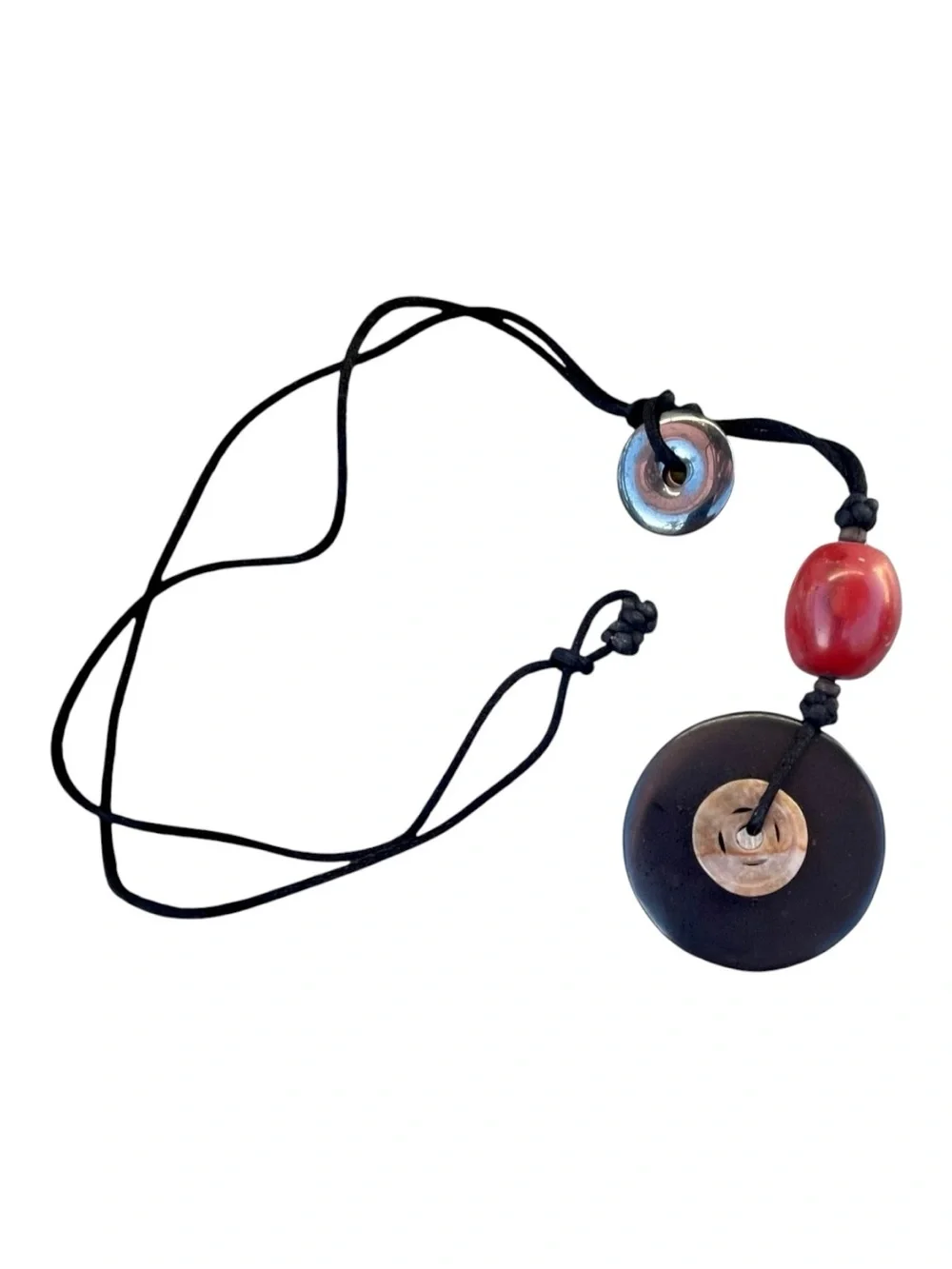 Asian Chinese Coin Donut Medallion Pendant Cord Necklace